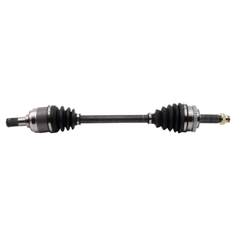 Front CV Axle Shaft Assembly Set For 2010 2011 Kia Soul Driver Side And Passenger Side Direct Fit OEM Quality Replacement Plug And Play Ready For Easy Install And Road Tested Reliability. Front CV axle set, metal shaft with rubber boots, shown straight on.