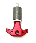 Heavy Duty Spring Loaded Pull Pin With Three Eighth Inch Stems And Slick Red Anodized Aluminum Knobs Rapid Locking Steel Bodies, viewed from front.
