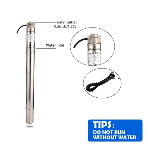 Built Like A Tank 1/2 Hp 110 Volt Stainless Steel Deep Well Submersible Water Pump with water inlet and outlet details.