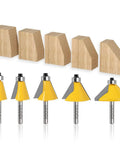 Five Piece Chamfer Router Bit Set with One Quarter Inch Shank for Bevel Edge Forming Angles 11.25 15 22.5 30 45 Degrees