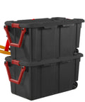 Stacked set of 2 40 gallon industrial tote bins with wheels. Heavy duty plastic storage containers with drip resistant lids.