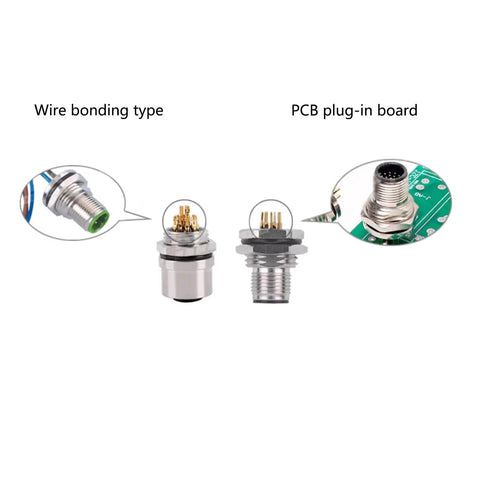 M12 4 Pin A-Coded Straight Male Connector Cable IP67 Waterproof Back-Locking Connector, wire bonding and PCB plug-in types