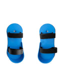 Blue non slip pedal supports with adjustable foot stabilizers for bikes, featuring black straps, for easy install and stable foot positioning.