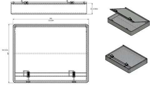Diagram showing dimensions of Stainless Steel Mesh Parts Washing Basket With Double Locking Lid For Secure Storage And Deep Cleaning, Rust Resistant Heavy Duty Organizer Tray For Workshops And Garages, 13.5 x 10.5 x 3 In.