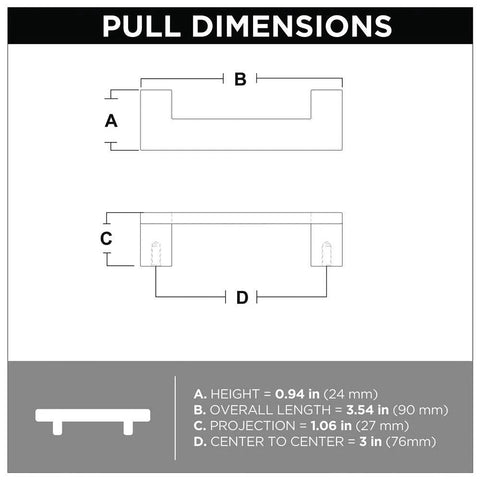 Diagram showing dimensions of Mirrored Cabinet Handles 10 Pack Center To Center 3 Inch Brushed Copper Kitchen Drawer Pulls