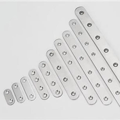 Stainless Steel Straight Braces For Wood Reinforcement, 4 Pack Of Thickened Metal Straps in varying sizes, showcasing their strength.
