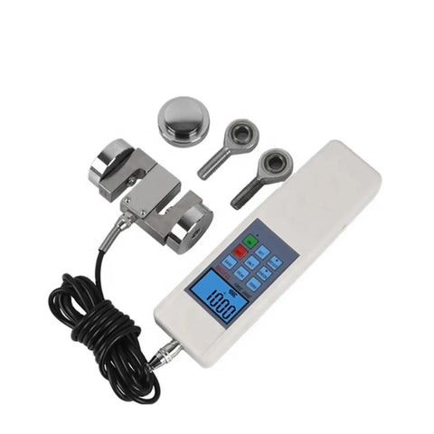 Rugged Digital Display Dynamometer And Push Pull Force Tester For Accurate Compression Testing In N Kg Or Lb Units With Clear Readout And Beefy Reliability And Real Time Data For Engineers And Techs, handheld with cable and test fixtures
