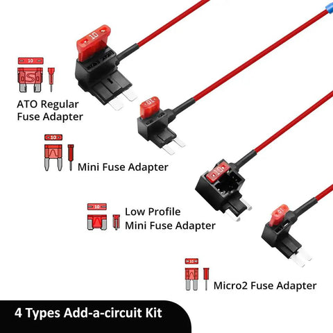 Fuse Tap Kit With 14 Inch 12V Female Cigarette Lighter Socket showing four fuse adapters