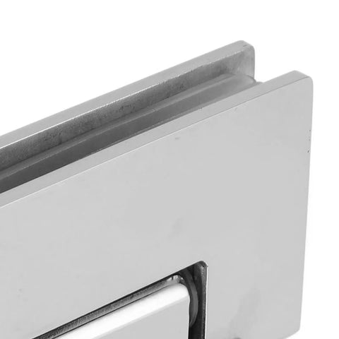 Heavy Duty Built Tight Frameless Glass Door Hinge 90 Degree Stainless Steel Self Closing Pivot Hardware close-up view.