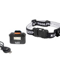 Rechargeable LED Headlamp With Adjustable Fabric Strap And Marker Holder For Work And Outdoors Goes All Day 260 Lumens High Mode 9 Hours Or 125 Lumens Low Mode 14 Hours Wide Rectangular Light Panel For Broad Coverage pictured with USB cable