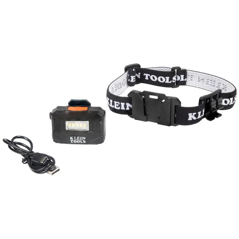 Rechargeable LED Headlamp With Adjustable Fabric Strap And Marker Holder For Work And Outdoors Goes All Day 260 Lumens High Mode 9 Hours Or 125 Lumens Low Mode 14 Hours Wide Rectangular Light Panel For Broad Coverage pictured with USB cable