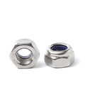 Rock Solid M10 Nylon Insert Lock Nuts, 304 Stainless Steel Hex Fasteners With Zero Play, two nuts side view.