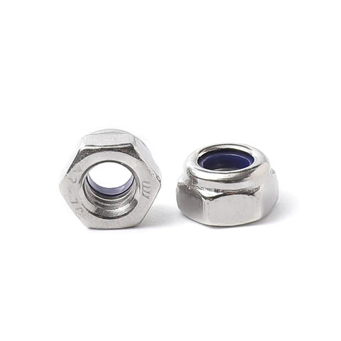 Rock Solid M10 Nylon Insert Lock Nuts, 304 Stainless Steel Hex Fasteners With Zero Play, two nuts side view.