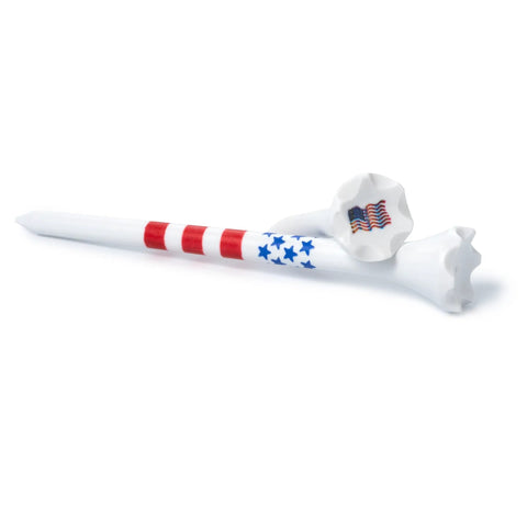 Plastic Golf Tees Value Pack Of Fifty With Forty Tees In Three And A Quarter Inch Length And Ten Short Tees In One And A Half Inch For Irons Hybrids And Par Threes Stars And Stripes USA Flag Design Made In The USA close-up of two tees