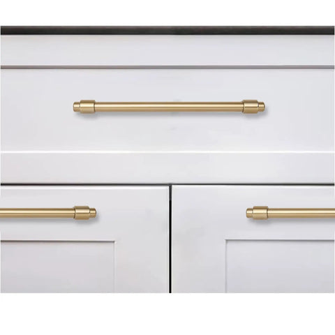 5 Pack Brushed Brass Cabinet Pulls Zinc Alloy Die Cast Modern Minimalist Hardware For Kitchen Bath And Bedroom Cabinets installed on white drawers