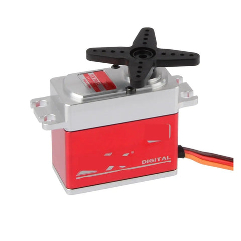 Badass High Voltage Digital Servo Motor With All Metal Gears And Crushing 32 Kilogram Torque Sick for RC Trucks showing red and silver design.