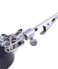 Close-up of sturdy alligator clip on Desktop LED Magnifying Glass Soldering Station with dual 3.5X and 12X magnification.