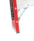 Solid As A Rock Two Step Fiberglass Work Platform Built For Rough Job Sites And Daily Grind Tasks Offering An Honest Three Hundred Pound Lift Rating And Type Ia Safety Mark showing a red frame close-up.