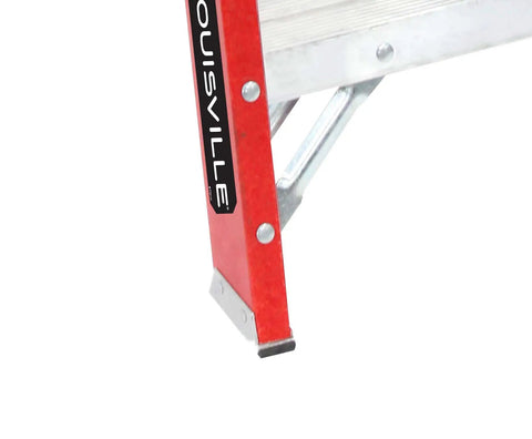 Solid As A Rock Two Step Fiberglass Work Platform Built For Rough Job Sites And Daily Grind Tasks Offering An Honest Three Hundred Pound Lift Rating And Type Ia Safety Mark showing a red frame close-up.