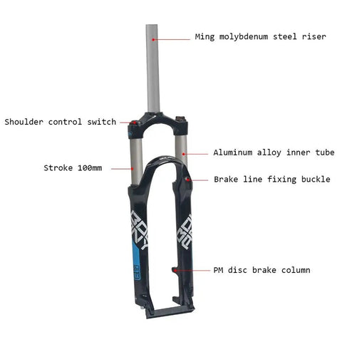 24 Inch Mountain Bike Suspension Fork With 100mm Travel One And One Eighth Inch Straight Steerer Pneumatic Shock Absorber Disc Brake Ready