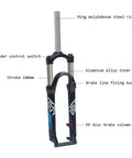 24 Inch Mountain Bike Suspension Fork 28.6mm Straight Tube Aluminum Alloy 100mm Travel Disc Brake Compatible Pneumatic Shock Absorber for 24 Inch MTBs Black with labeled parts