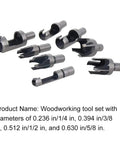 Top Shelf Eight Piece Wood Plug Cutter Drill Bit Set High Carbon Steel Tapered Chamfered Tenon Hole Saw detailed view of plug cutters with various diameters.