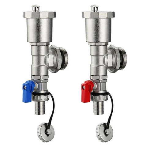 Automatic exhaust and drain valves from Five Branch PEX Radiant Heat Manifold Kit For Hydronic Floor Heating In 304 Stainless Steel With Half Inch Tubing Five Loops Flow Meter Automatic Exhaust And Drain Valves Included Adapters Temperature Handwheel Celsius Fahrenheit Thermometer YUFUYEK.
