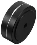 Close-up of Aluminum Speaker Isolation Pads For Durable Vibration Control And Noise Reduction, black with silver edge, side view.