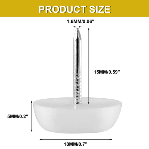 60 Pack White Nylon Furniture Sliders Round Floor Protectors showing size dimensions and nail length for easy installation.