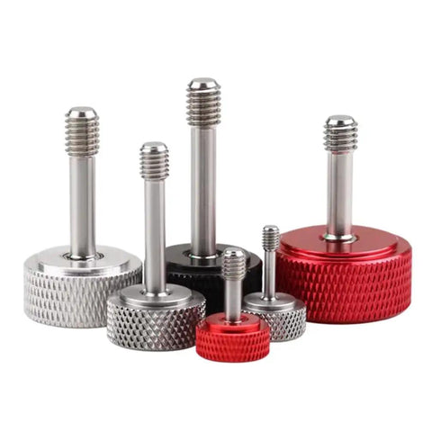 M4 X20mm Captive Screws With Knurled Thumb Heads 4 Pack Black Aluminum Body Stainless Steel Threads in various sizes and colors.