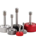 M5 X 25 MM Captive Panel Screws With Knurled Thumb Head 4 Pc Set Stainless Steel Thread Aluminum Alloy Silver Fasteners displayed in various sizes and colors.