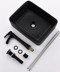 Matte Black Vessel Sink With Faucet And Drain Included, 19 By 15 Inch Rectangular Above Counter Ceramic Vanity Basin parts display