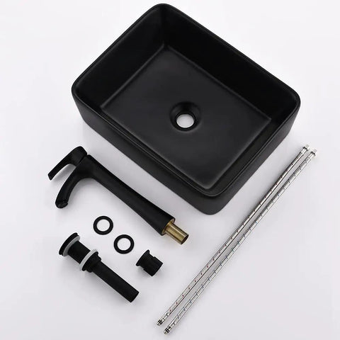 Matte Black Vessel Sink With Faucet And Drain Included, 19 By 15 Inch Rectangular Above Counter Ceramic Vanity Basin parts display