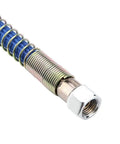 Close-up of 5m High Pressure Silicone Steam Hose for All Steam Irons Blue 4 MPa Boiler Tube, flexible metal connector visible.