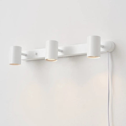 Three Light Plug In Track Lighting With Adjustable Heads In Matte White Finish 22 Inch Length 15 Foot Cord With In Line Switch