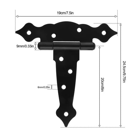 Heavy Duty T Shaped Wooden Gate Hinges Two Piece Set With Screws for Barn Doors, featuring 19cm length and black finish.