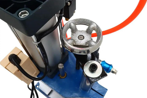 Top view of Smooth Operator Pneumatic Punch Press with adjustable cylinder, control buttons, and pneumatic connections.