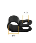 R Type Cable Clip One Quarter Inch Nylon Screw Mount Cable Clamp Set, black clip showing dimensions, for Wire Management
