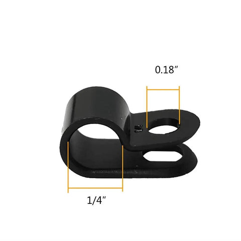 R Type Cable Clip One Quarter Inch Nylon Screw Mount Cable Clamp Set, black clip showing dimensions, for Wire Management