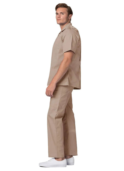 Top Tier Mens Scrub Jacket With Zip Front And Legit Pen Pocket Hella Comfy Khaki Healthcare Top For Nurses And Doctors Smooth All Day Care Vibe Straight Fire Clinical Uniform For Everyday Pros, model in khaki scrub jacket and pants standing sideways.