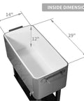 Inside dimensions of 80 Quart Rolling Cooler Cart With Wheels Portable Wicker Beverage Bar Stand showing length and width measurements