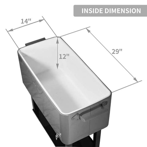 Inside dimensions of 80 Quart Rolling Cooler Cart With Wheels Portable Wicker Beverage Bar Stand showing length and width measurements