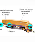 Four Sensor Parking Sensor Kit With Back Up Radar System For Trucks Trailers RVs Vans 24V Distance Detection LCD Alarm External Mounted Sensors 1ft To 7.5ft Easy Install showing component placement overview with control box and monitor cable lengths.