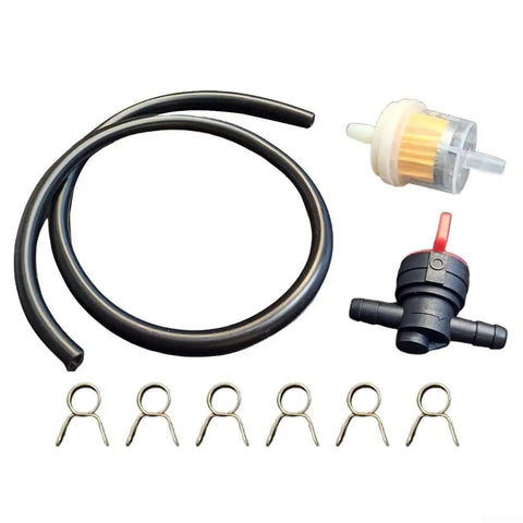 Premium Tap Filter Hose Kit For Lawn Mowers With Fuel Line Clamps And Connection Set For Garden Equipment Repair Ensures Secure Leak Free Fit. Black hose, filters, clamps