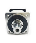 Top Shelf Helical Gear Reducer Box For Nema 17 And 23 Stepper Motors Serving Up 100 To 1 Ratio Specs front view showing flange and shaft.
