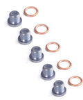 Kick That Old Leak And Fix Your Oil Pan For Jetta Golf Tiguan Q3 Q5 Q7 With This Premium 5 Piece Drain Plug Kit Made For Smooth Draining And Zero Mess. 5 metal drain plugs with copper washers on white background.