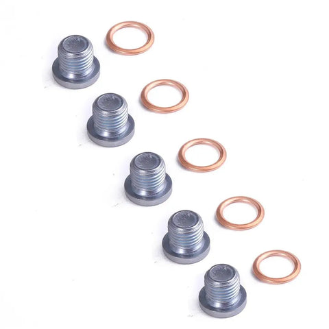 Kick That Old Leak And Fix Your Oil Pan For Jetta Golf Tiguan Q3 Q5 Q7 With This Premium 5 Piece Drain Plug Kit Made For Smooth Draining And Zero Mess. 5 metal drain plugs with copper washers on white background.