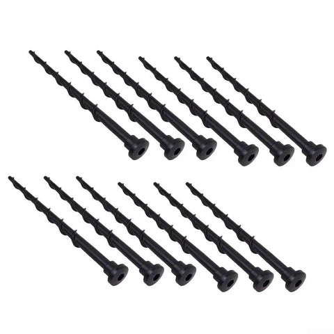 Heavy Duty Ground Screws For Robotic Mower Charging Stations And Garages Rock Solid Weather Resistant Plastic Anchor Set, twelve black plastic screws.