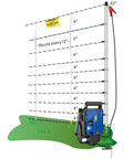 Top Shelf Electric Netting Fence Kit 100 Foot By 42 Inch Double Spike Portable E Fencing visual showing 42-inch tall netting setup with solar charger.