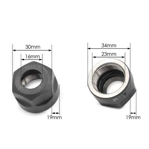 Rock Solid ER20 Collet Clamping Nut with dimensions, black oxide finish, designed for CNC milling rigs and heavy-duty steel use.